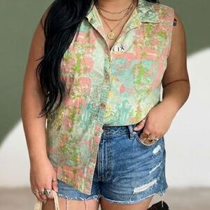 90s patchwork style Pastel Abstract Sleeveless Button-Up top vest Top Sz 1X